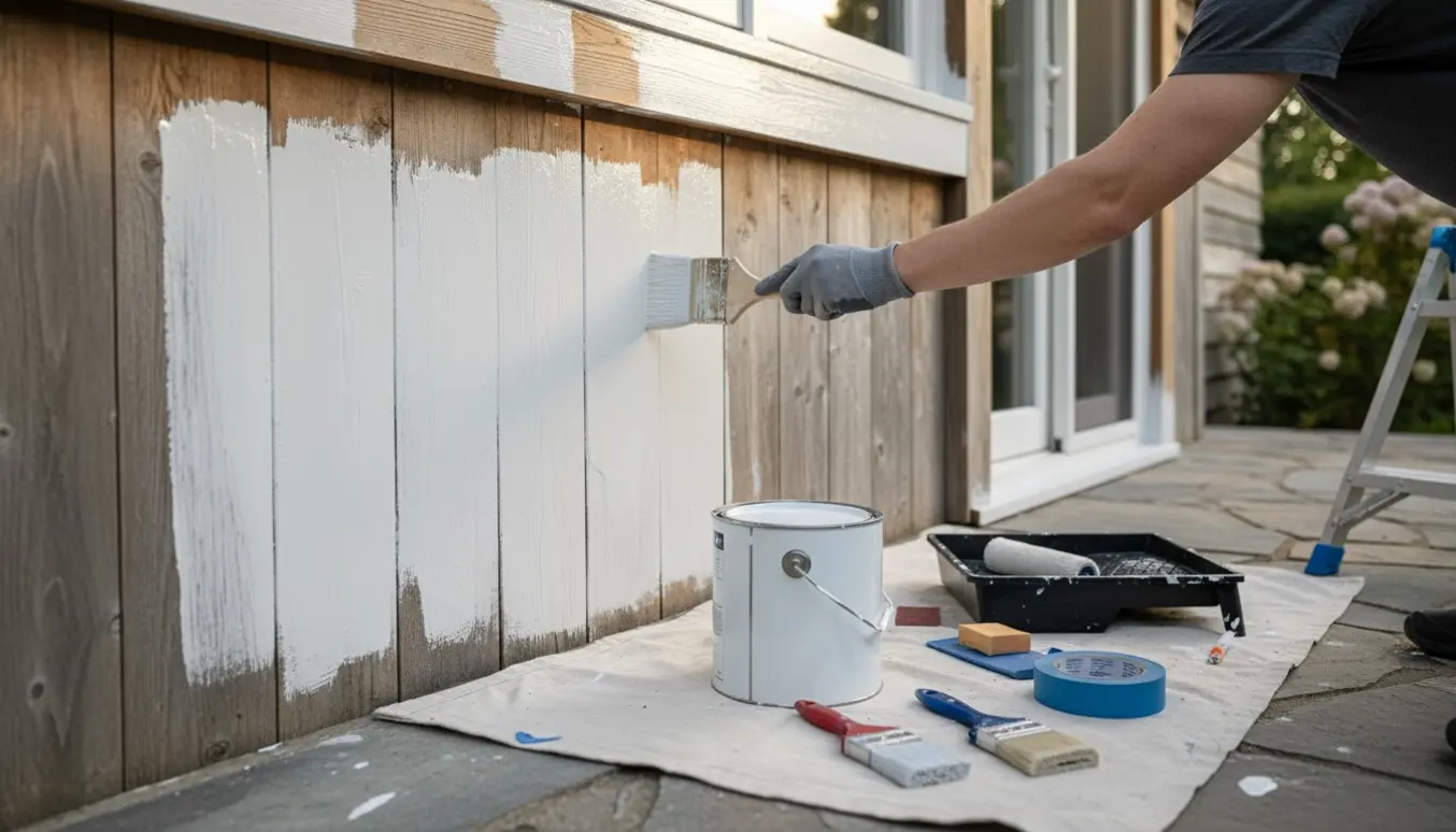 Udvendigt træværk ved terrasse og hegn bliver malet med pensel, mens malerværktøj og materialer ligger klar.