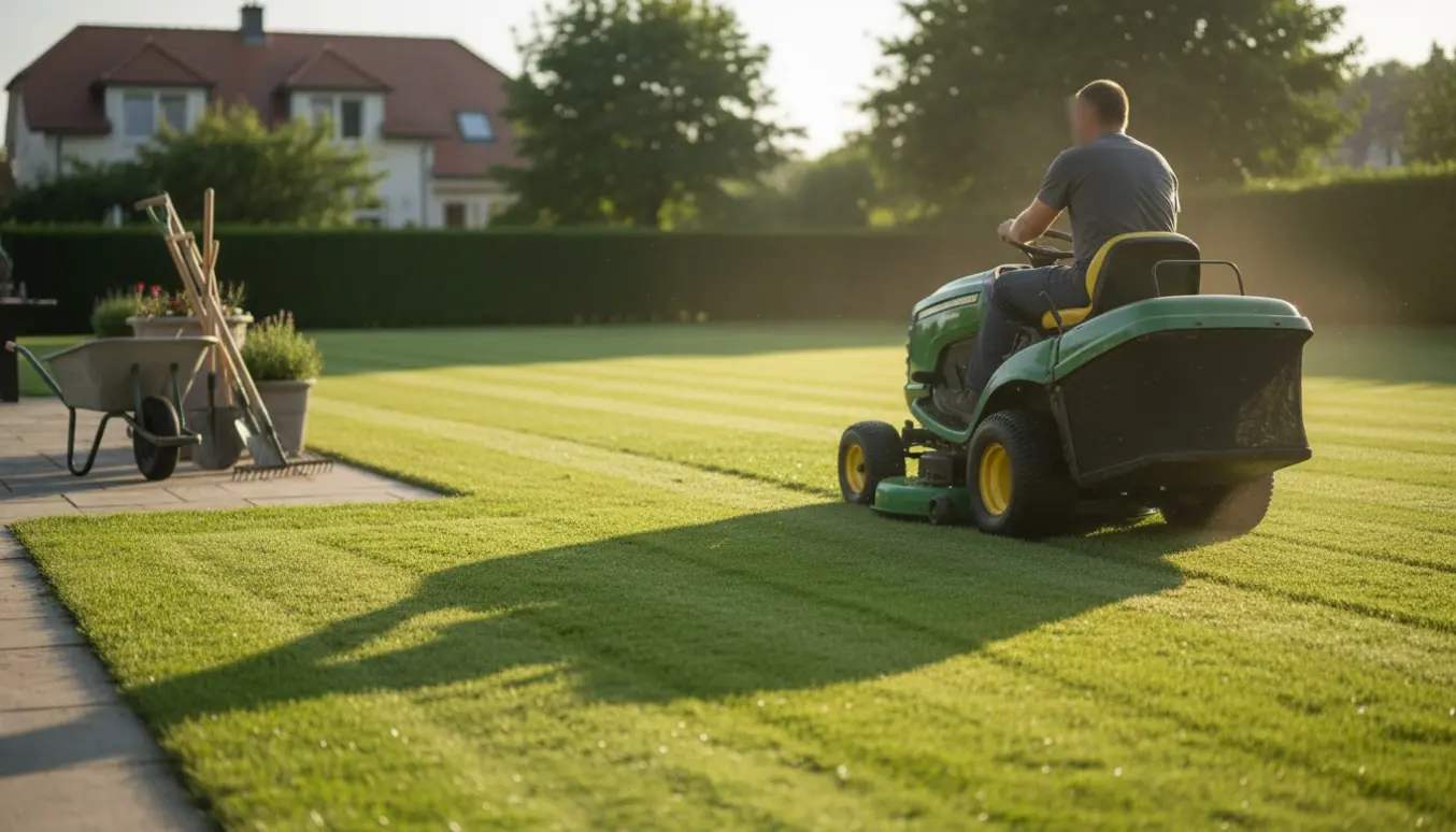 Person slår græs på en stor plæne med en havetraktor, der efterlader tydelige striber.