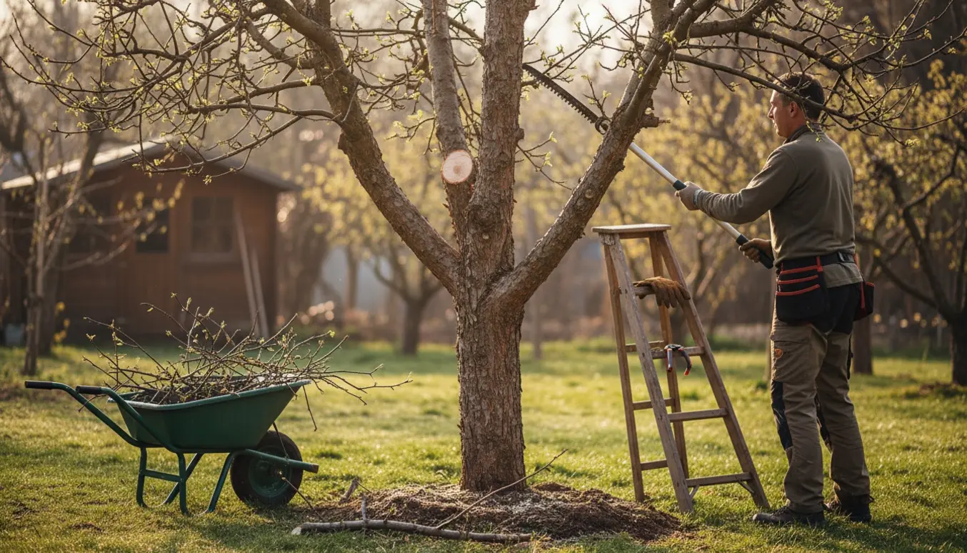 Beskæring af toppen af et pæretræ med sav og afklippede grene på græsset.