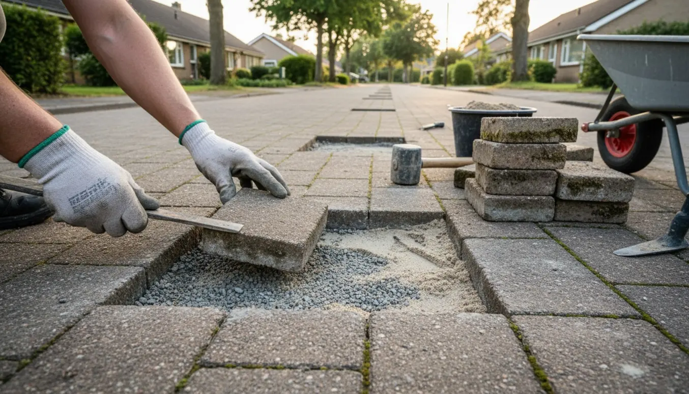 Nærbillede af opretning og genlægning af SF-sten på en privat fællesvej med værktøj og genbrugte sten.