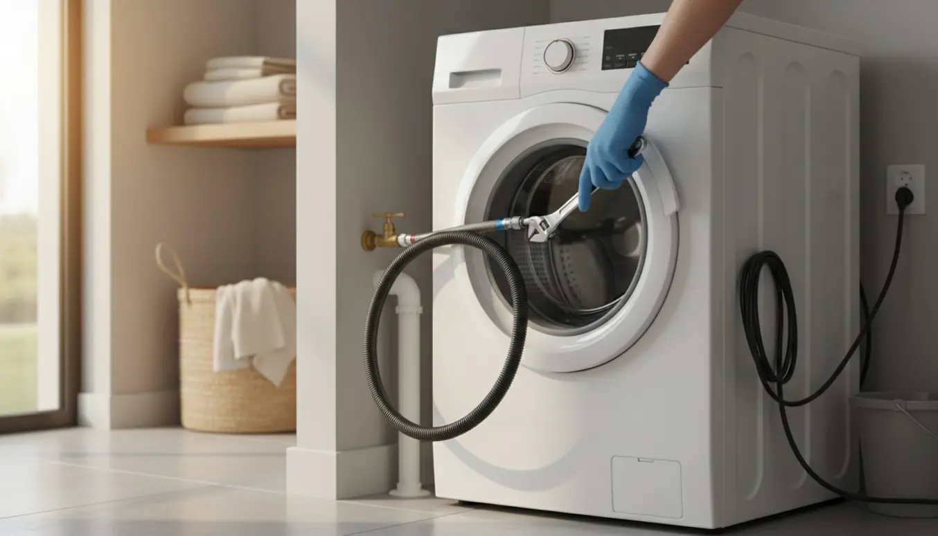 En handske-klædt hånd tilslutter en vandslange til en vaskemaskine i et lyst bryggers.