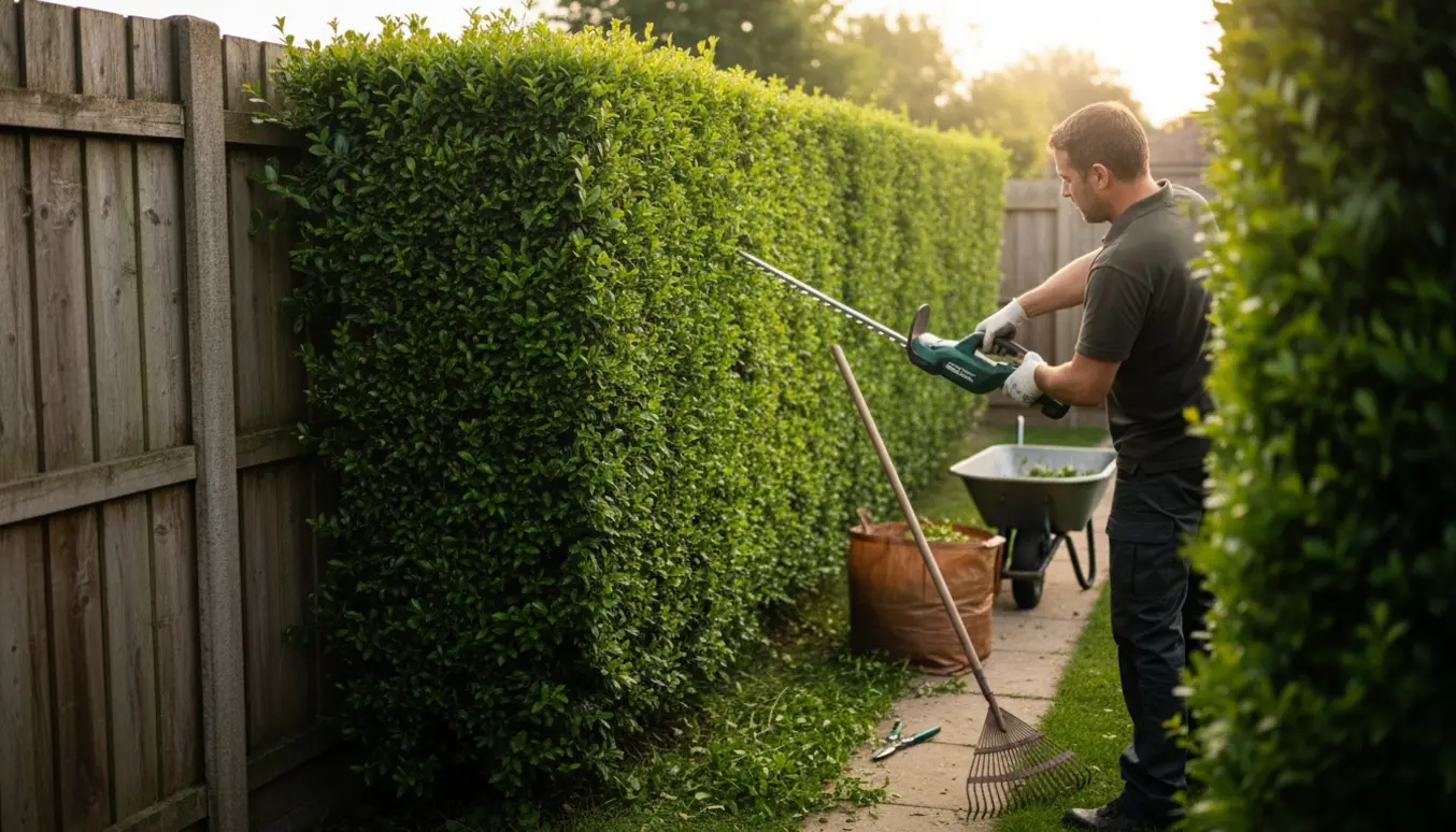En person trimmer en hæk til cirka 2,5 m højde, mens friske afklip samles i en trillebør.