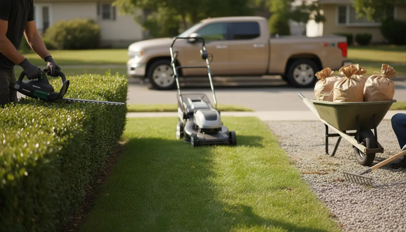 Forskelligt havearbejde: hækklipning, ukrudt i indkørsel, plæneklipning og stablede sække med haveaffald.