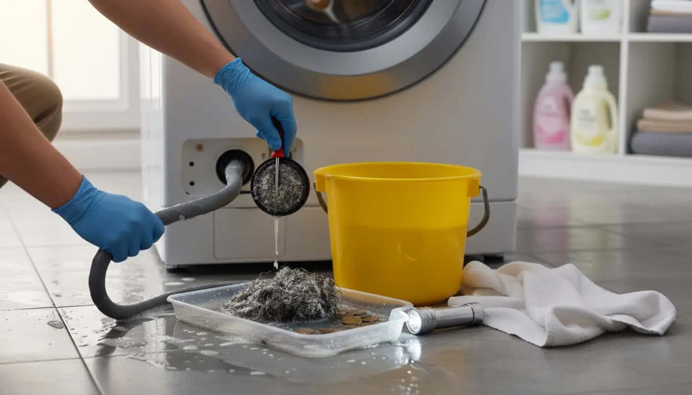 Hænder fjerner en tilstoppet slange og filter fra en vaskemaskine mens opsamlet vand løber i en spand.