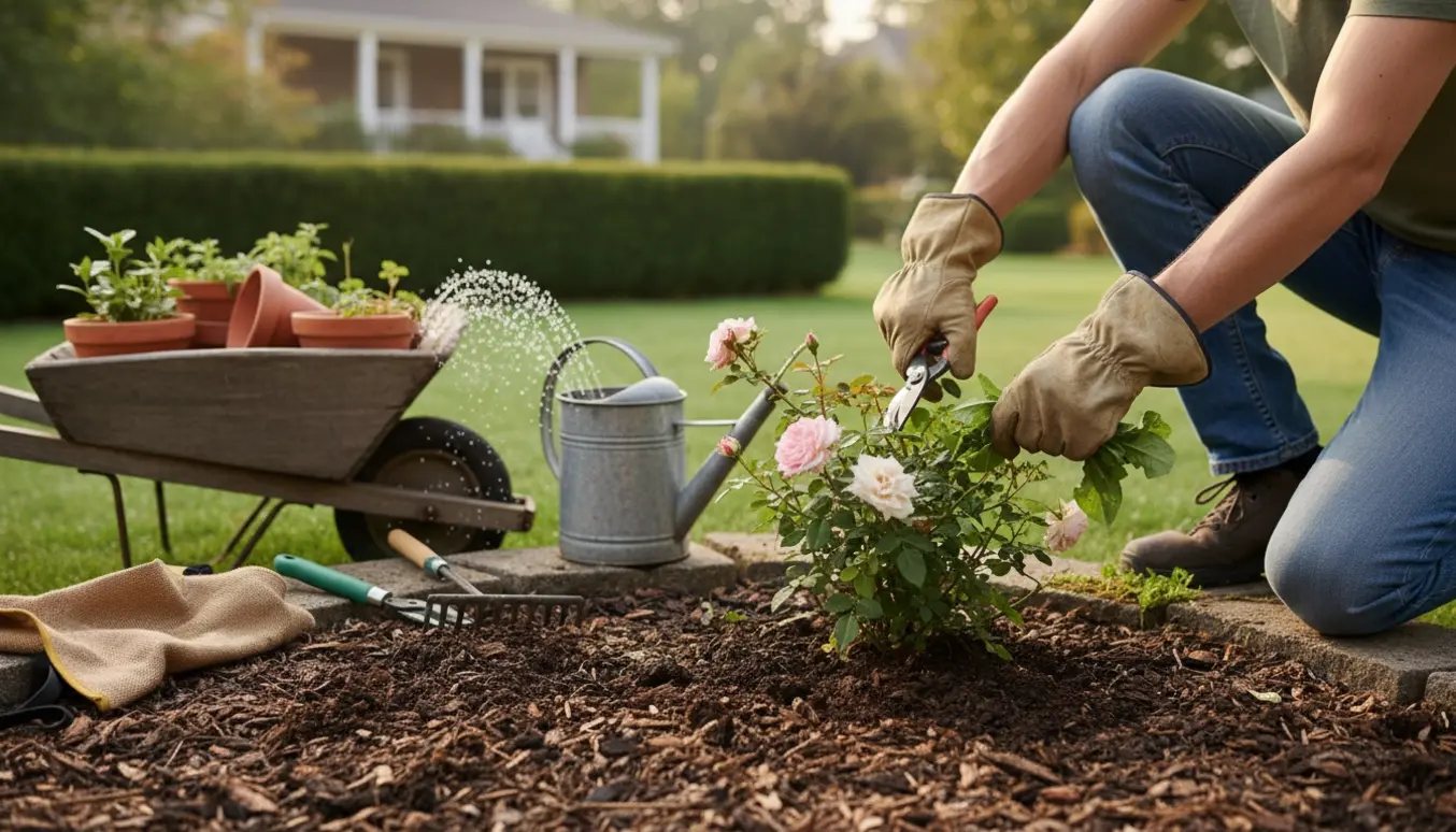 En person uden synligt ansigt klipper en busk og luger bedet i blødt morgenlys med haveredskaber ved siden af.