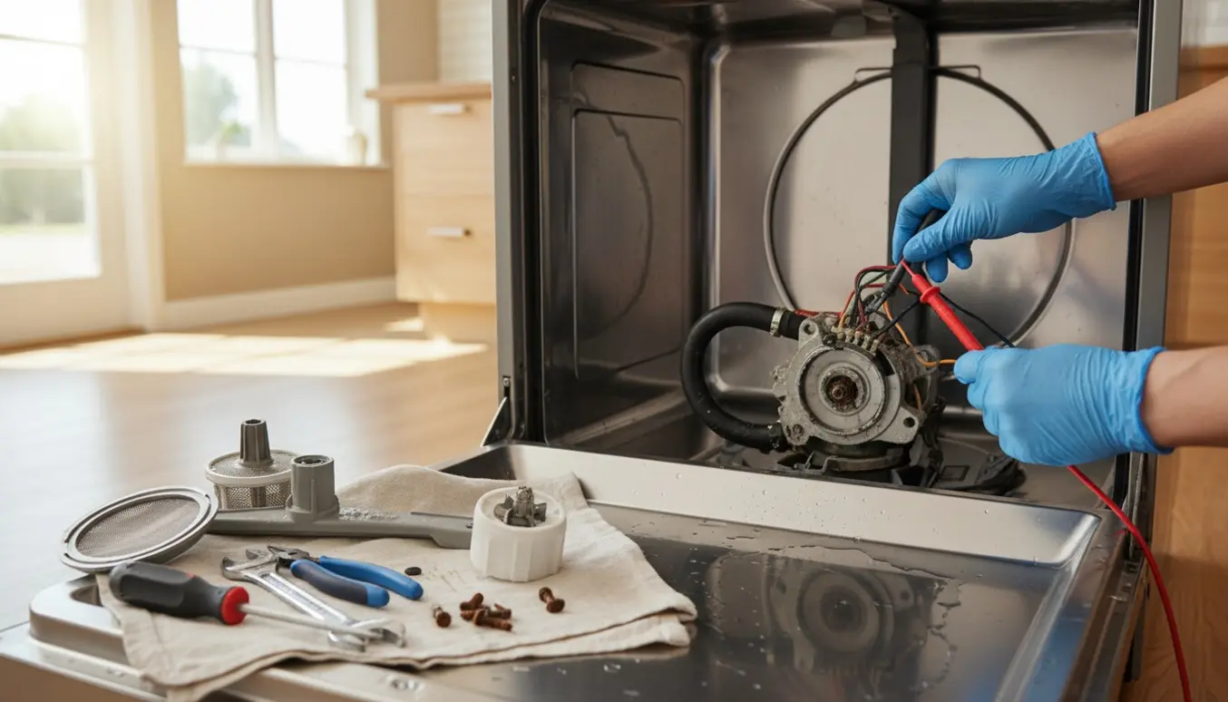 Nærbillede af en ældre opvaskemaskine med vand i bunden og værktøj til fejlfinding ved siden af.