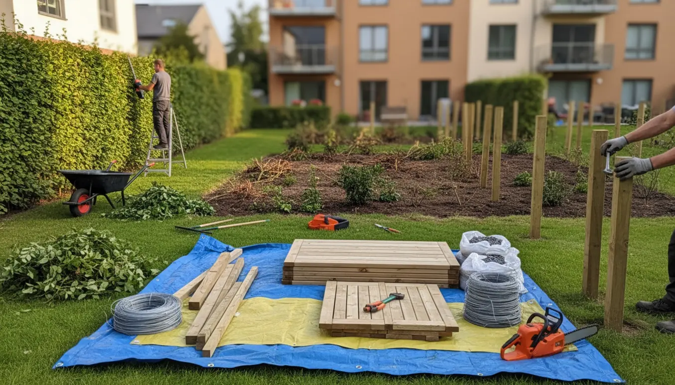 Hække klippes og nyt træhegn med låge sættes op i en bofællesskabshave med værktøj og materialer klar.