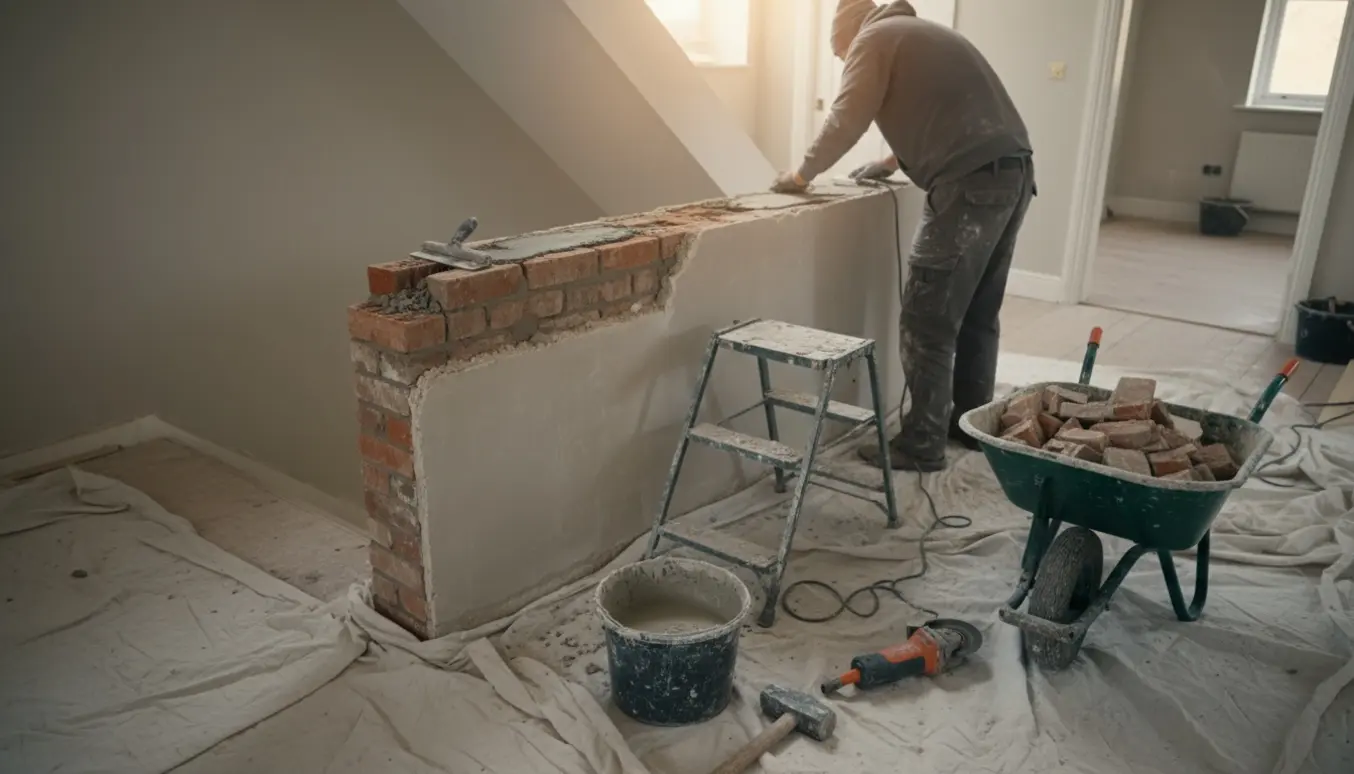 Halvfjernet væg i en trappeopgang med udsatte mursten, pudseværktøj og byggematerialer.