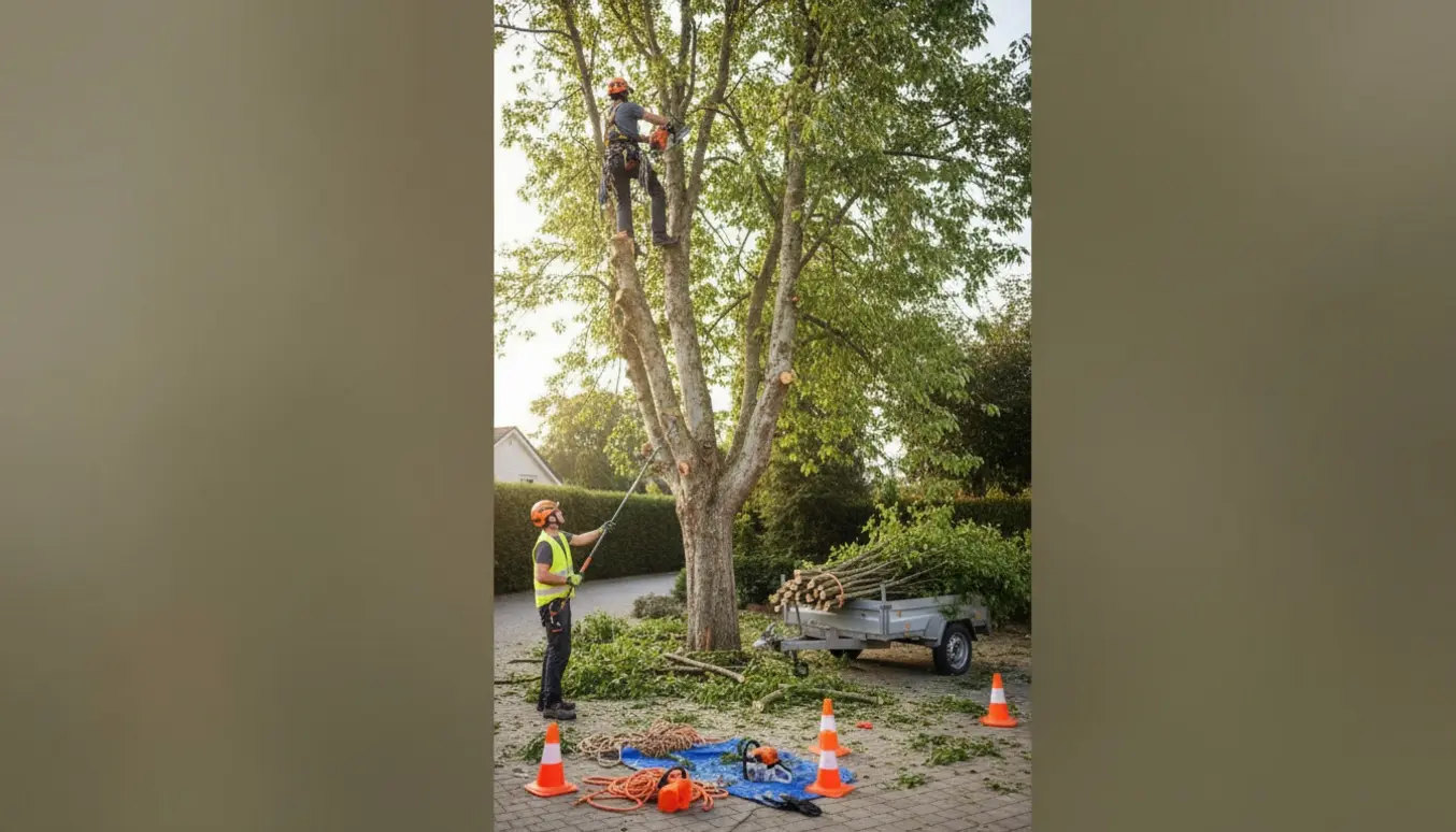 Beskæring af et cirka 10 m højt fuglekirsebærtræ med klatreudstyr og trailer til grenaffald.