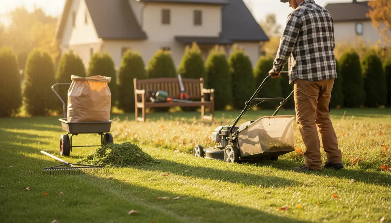 Person slår græs i en lille have om efteråret, med opsamlet græs klar til afhentning.