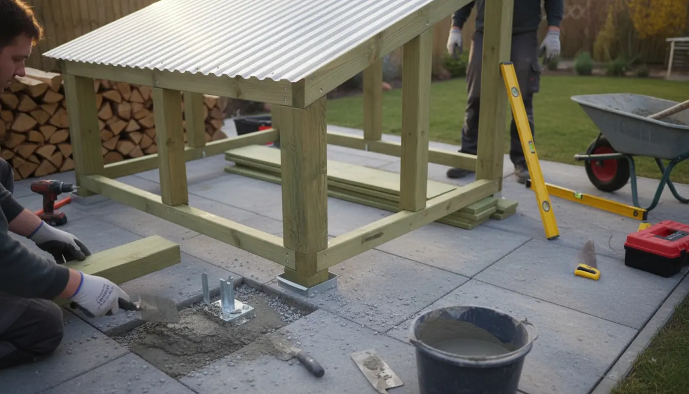 Opbygning af åbent brændeskur i trykimprægneret træ på fliser med stolpesko i jord og PVC trapez-tag.