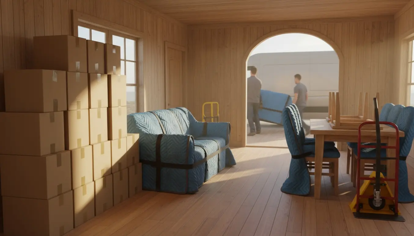 Flyttefolk bærer indpakkede flyttekasser og en trepersoners sofa ned ad trappe i et sommerhus, klar til lastning i en flyttebil.