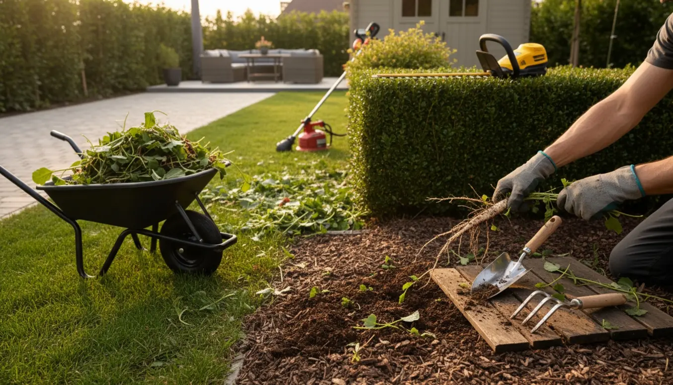 Nærbillede af lugning af bede og hækkeklipning i en parcelhave med flisearealer i baggrunden.