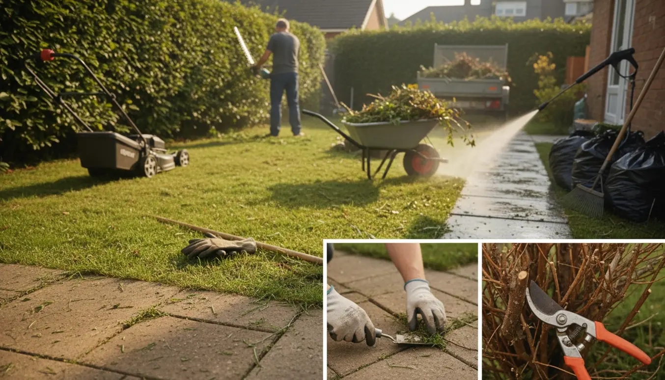 Person set bagfra trimmer hæk med plæneklipper, trillebør og haveaffald klar til losseplads.