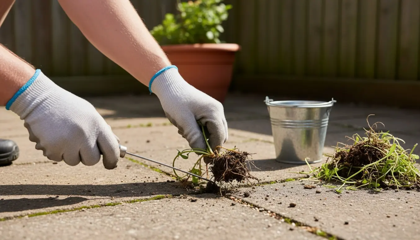 Nærbillede af handsker, der trækker ukrudt og rødder op mellem fliser på en privat terrasse.