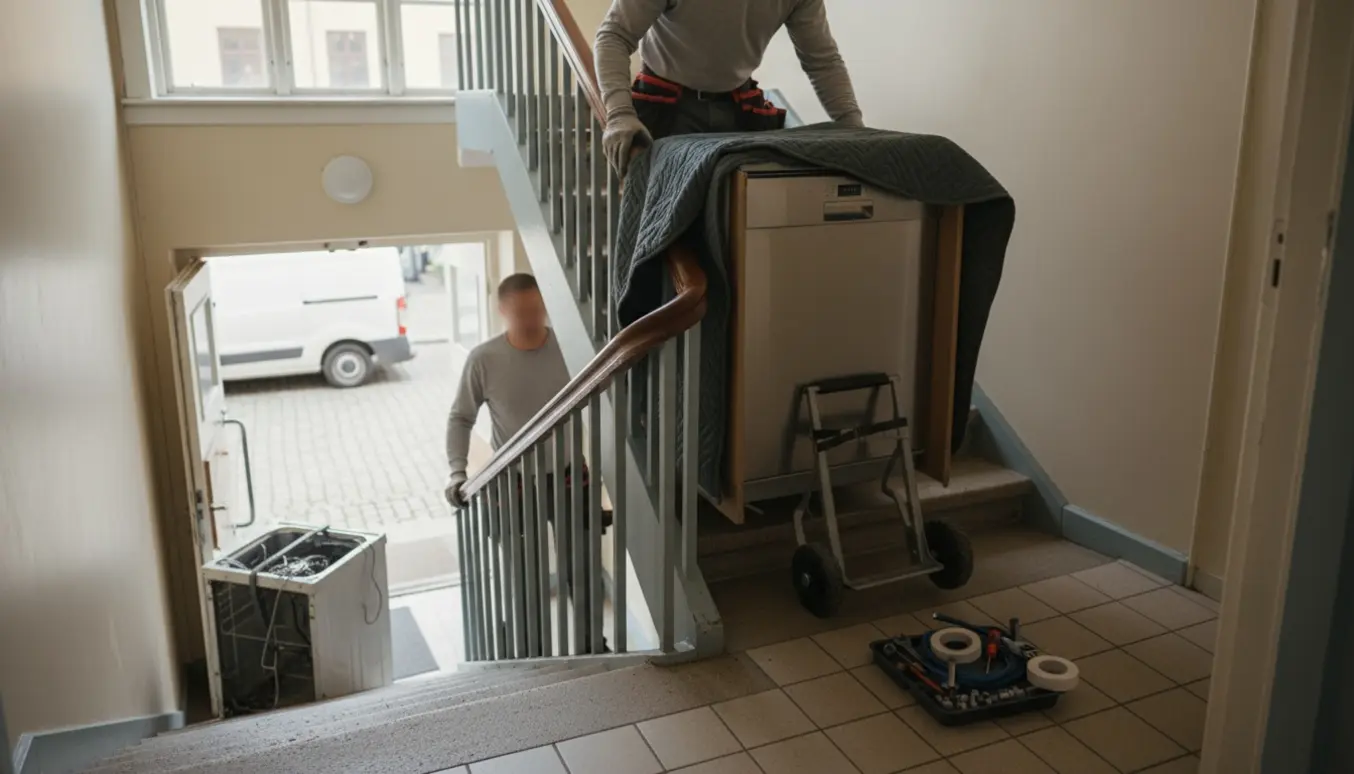 To flyttefolk bærer en ny rustfri opvaskemaskine op ad en trappe i en nordisk opgang, mens den gamle står ved en container.