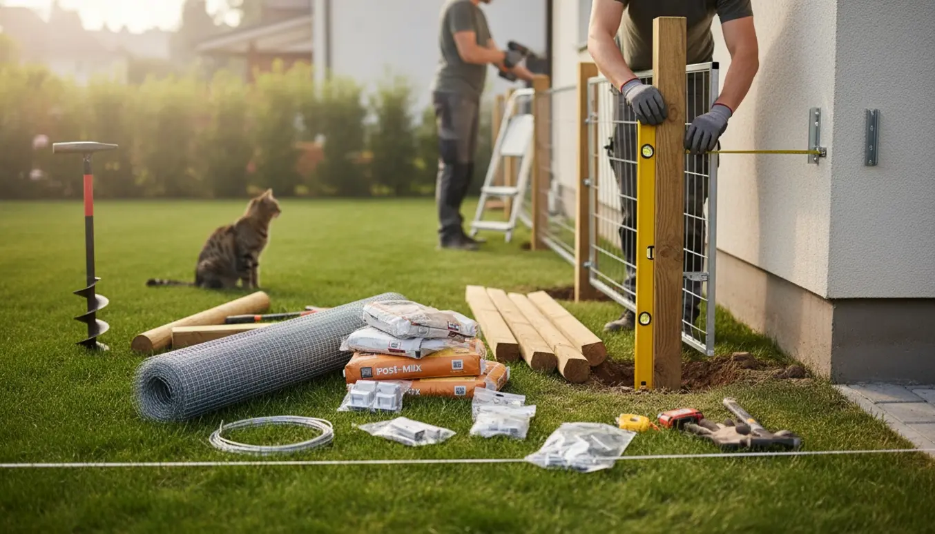 Udeareal med materialer og arbejdshænder, hvor et nyt hegn med dør monteres og fastgøres til husmuren.
