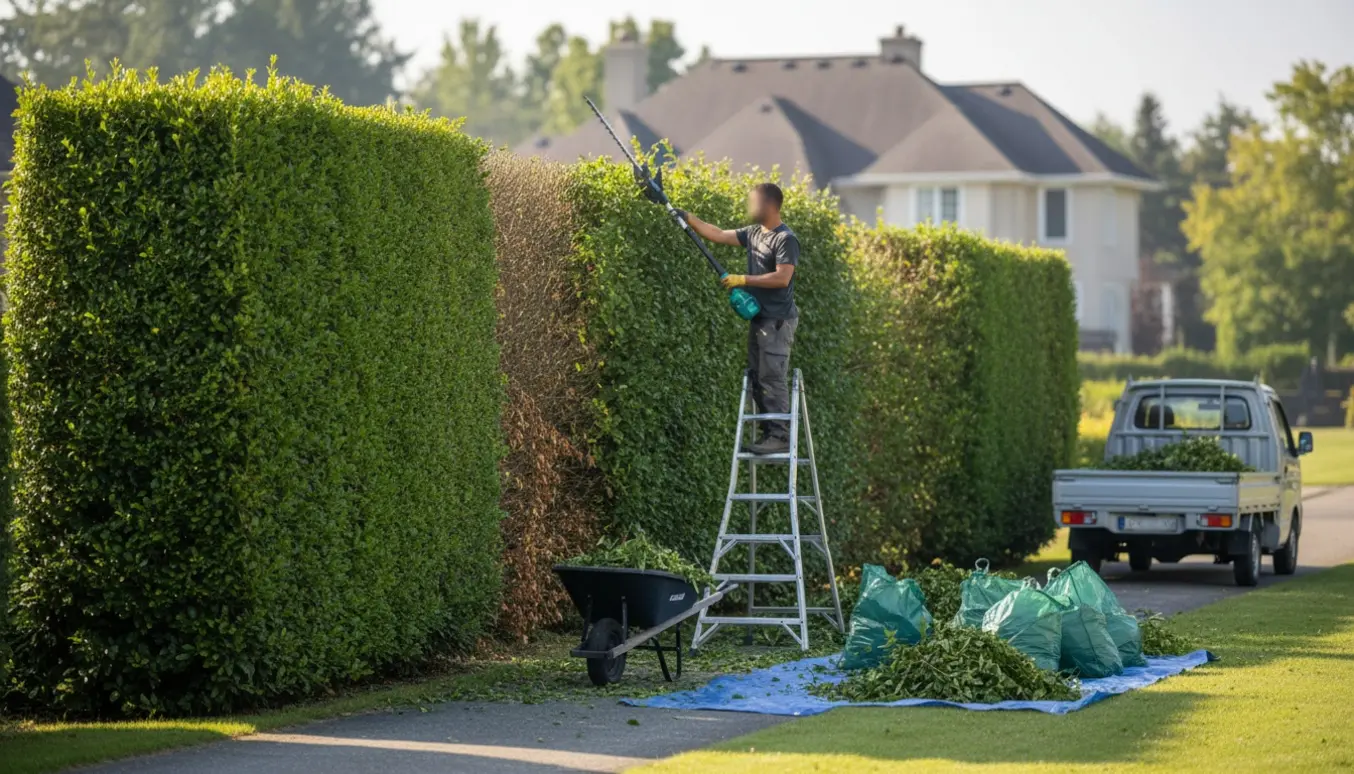 En havemand trimmer en lang, cirka fire meter høj hæk fra sider og top med bunker af afklip klar til bortskaffelse.