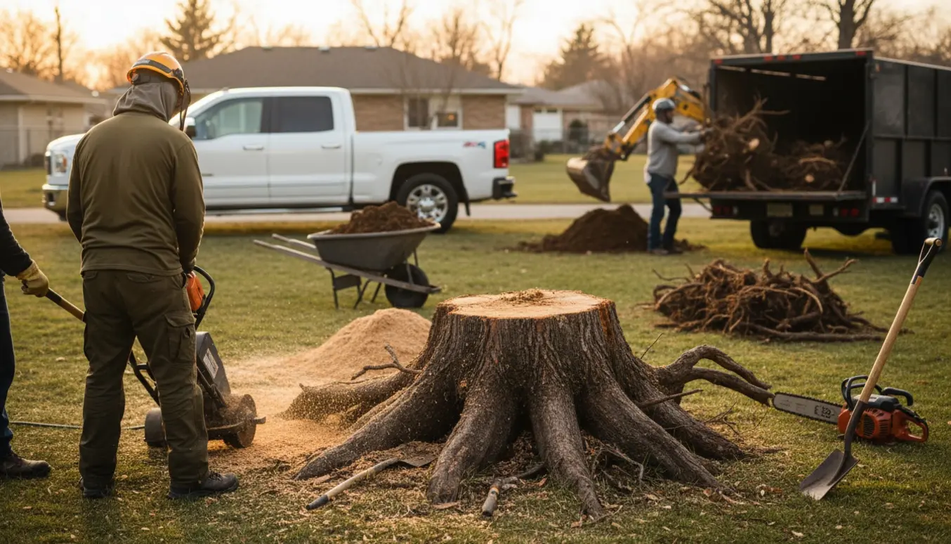 Arbejder fjerner træstød og rødder i en have og læsser kvas på en trailer.
