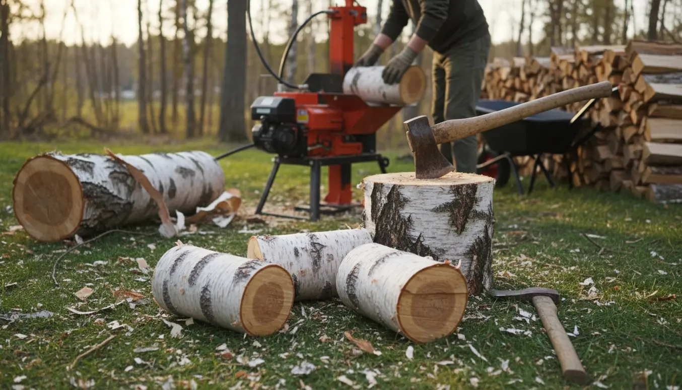 Nyligt fældet birk skåret og kløvet til brænde med stablet brænde i baggrunden, en arbejder set bagfra ved en kløvestation.