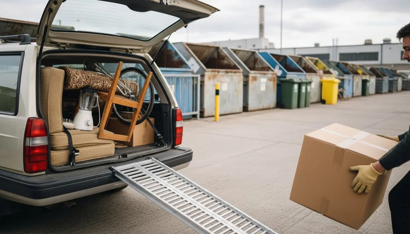 Bil med åben bagklap fyldt med møbler og kasser ved en genbrugsplads, en person læsser uden at vise ansigt.