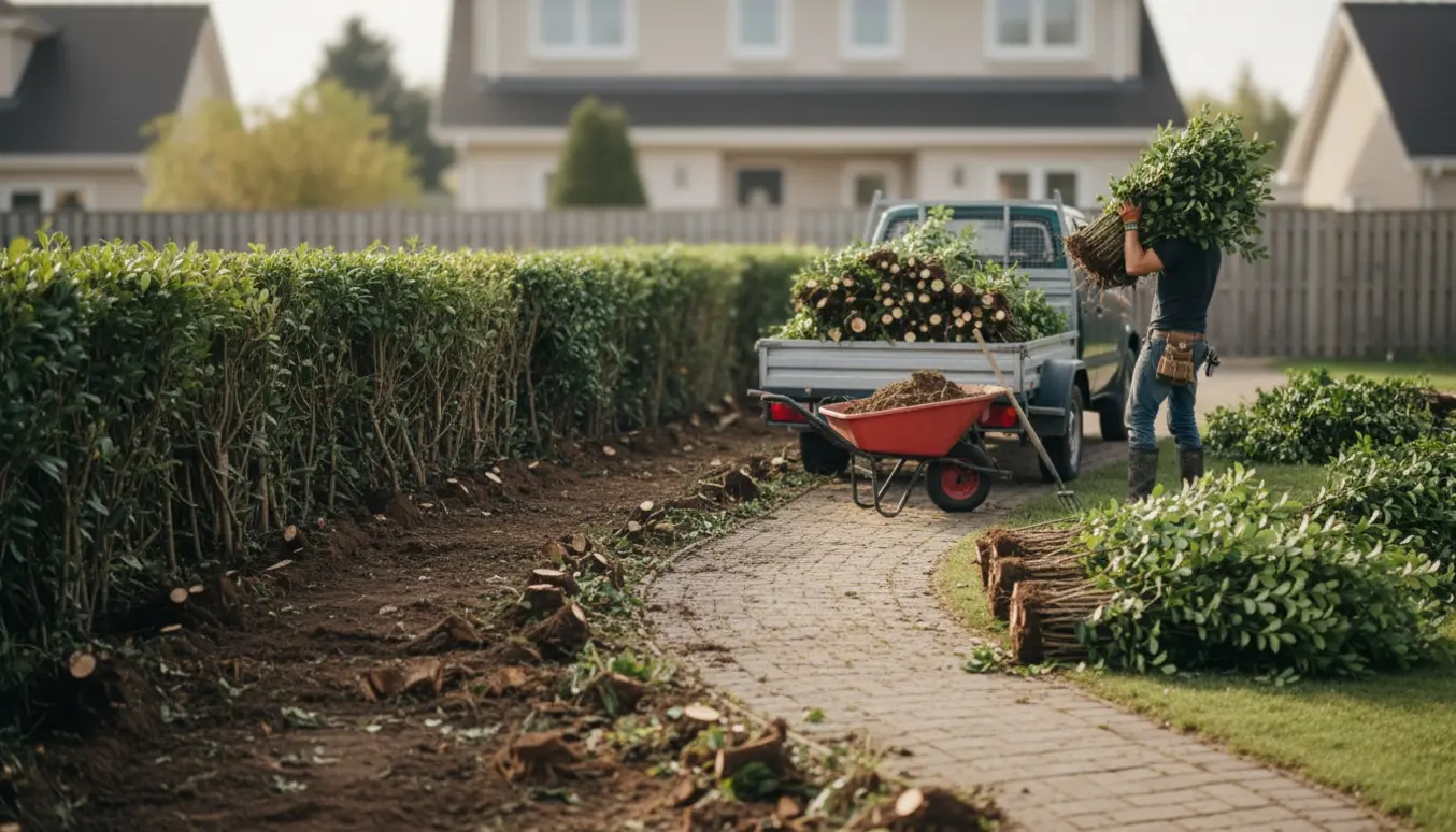 Hæk er gravet op og læsset på trailer med stakke af grene og rodklumper i villahave.
