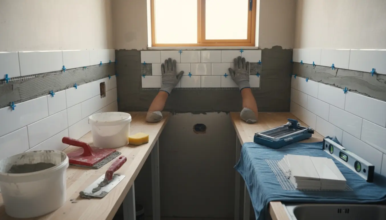 Hænder monterer rektangulære vægfliser i et køkken ved vinduet med værktøj på bordet.