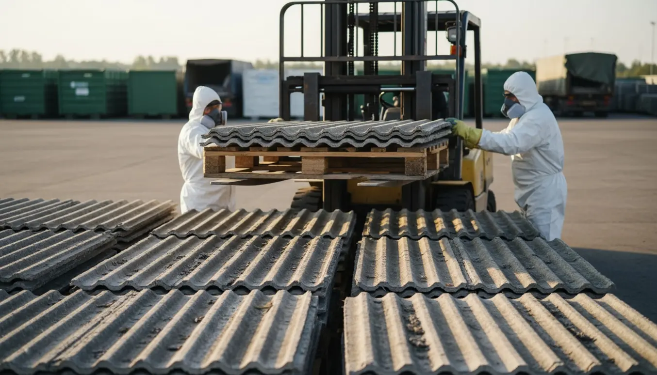 Gaffeltruck læsser stabler af grå eternitplader på en lastbil i en bortskaffelsesplads med arbejdere i beskyttelsesdragt.