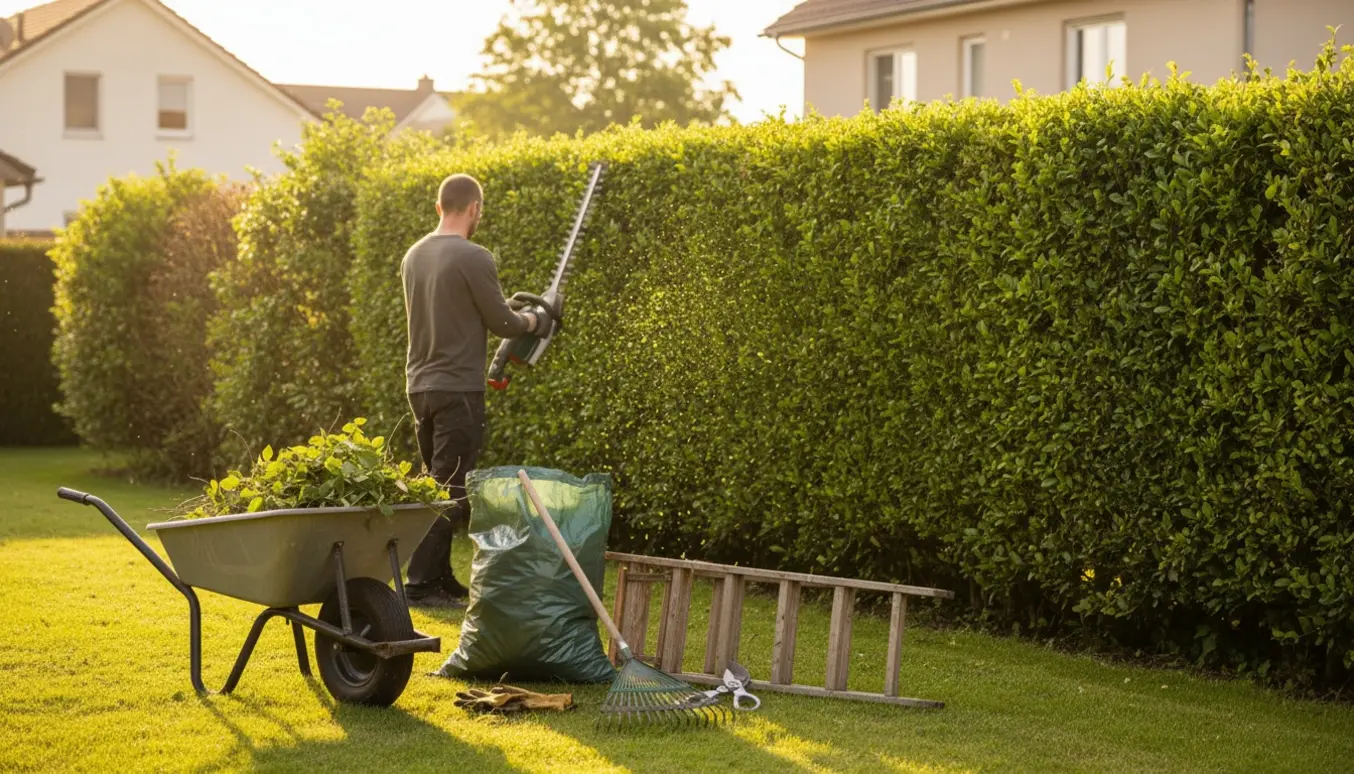 Solbelyst hæk mellem to huse, hvor en person (uden synligt ansigt) klipper hækken med trillebør og bunke af hækafklip ved siden af.