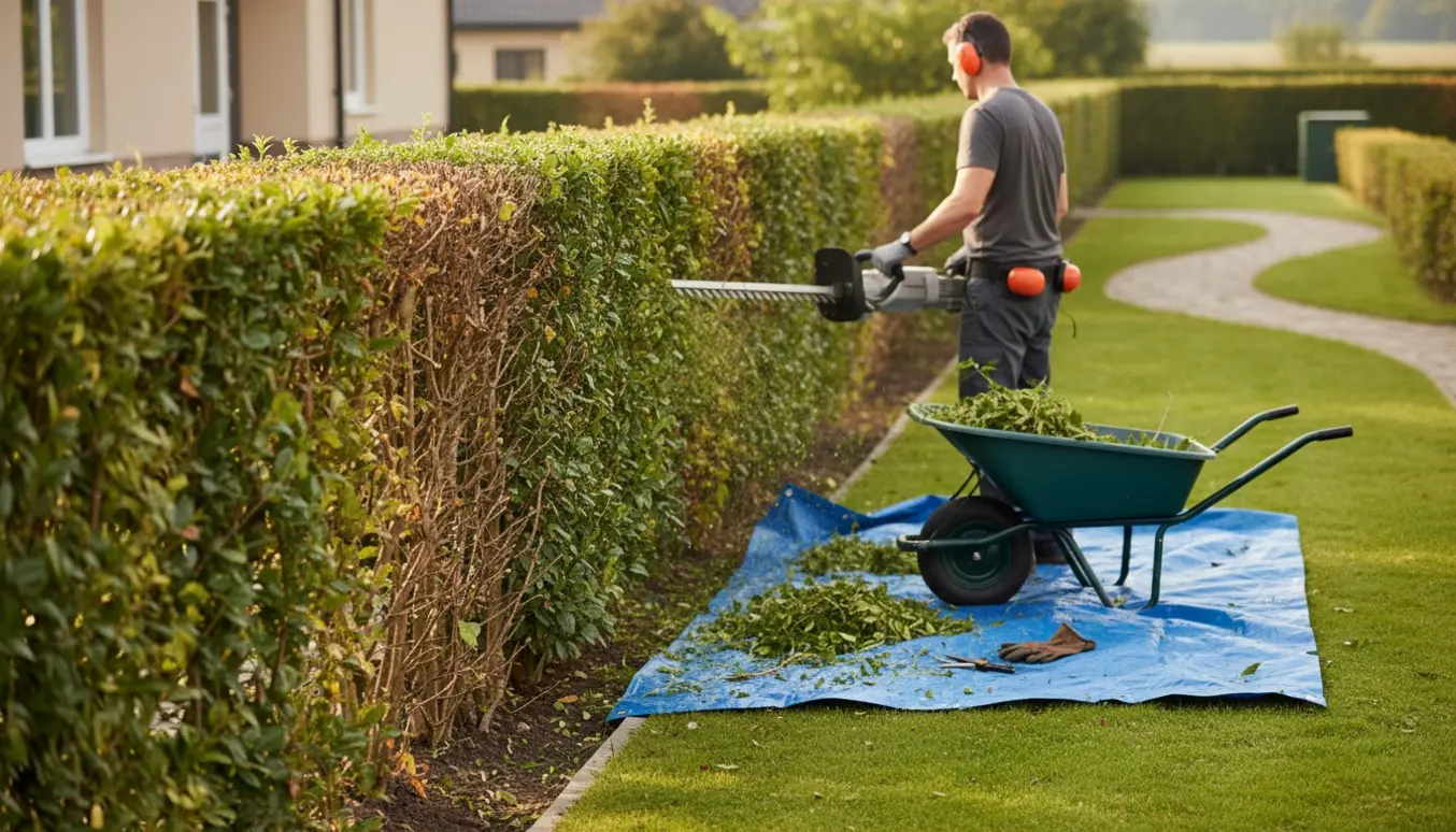 Havemand trimmer en lang hæk på cirka 1,7 m højde med en langtids hækkeklipper, mens afklip samles i en trillebør.