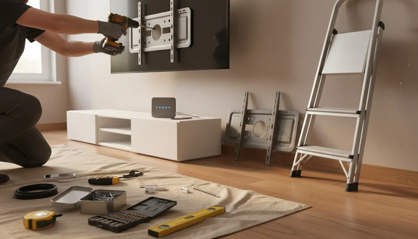Nogen monterer et nyt fladt TV på en væg på 1. sal med værktøj og en mobilrouter i nærheden.