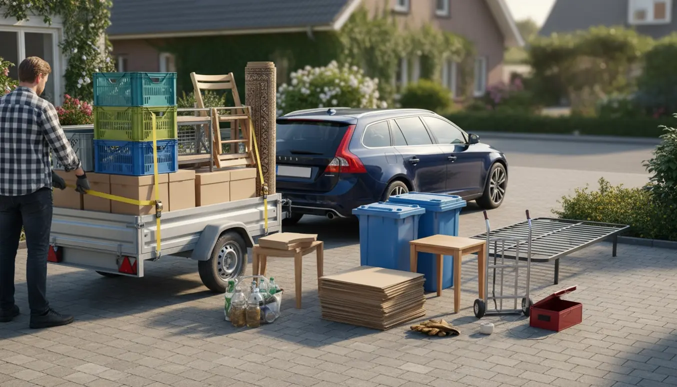 Trailer og bil i indkørsel med læs af pap, plastik og møbler, personer ses bagfra mens de læsser og spænder lasten.