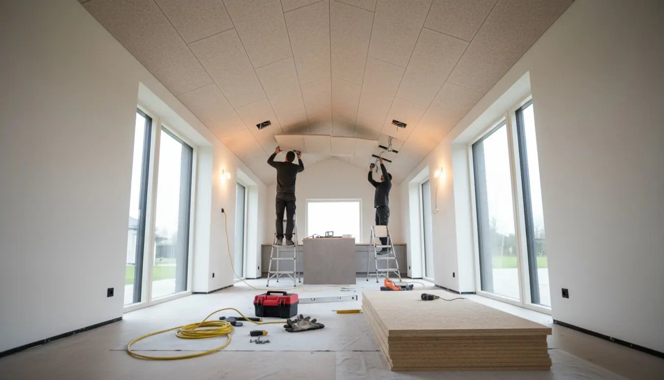 Installation af lyddæmpende Troldtekt-paneler i et køkkenallrum med kiploft, håndværkere i arbejde uden synlige ansigter.