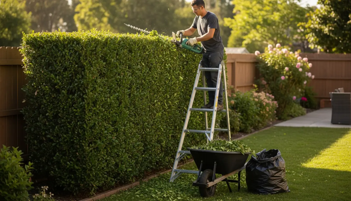 Person på høj stige trimmer toppen af en tæt hæk med en hækkeklipper, mens afklip samles i en trillebør.