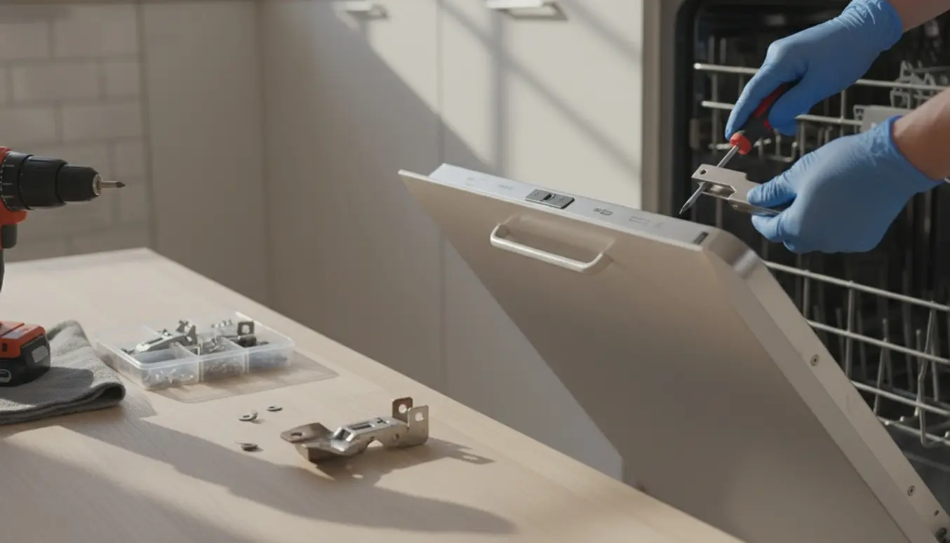 Åben indbygget opvaskemaskine i køkken, hvor hængsler udskiftes med værktøj på bordet.