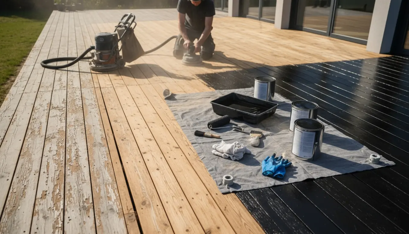Stor sommerhus-træterrasse delvist slebet og delvist nymalet med sort olie, med værktøj og sandpapirsstøv på en tør forårsdag.