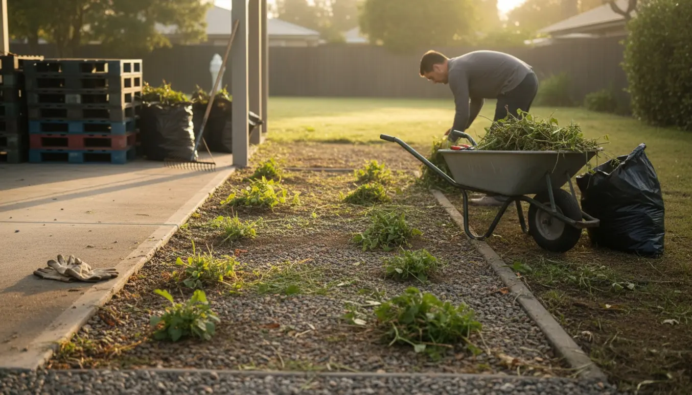 Ryddet indkørsel med fjernet ukrudt, redskaber og haveaffald samlet ved carporten.