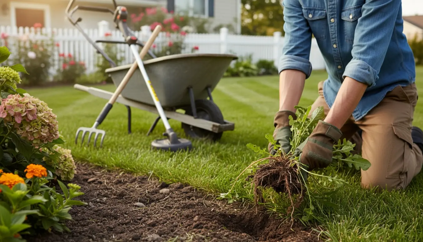 Handskerede hænder trækker ukrudt ved siden af en nyslået græsplæne med haveredskaber i baggrunden.