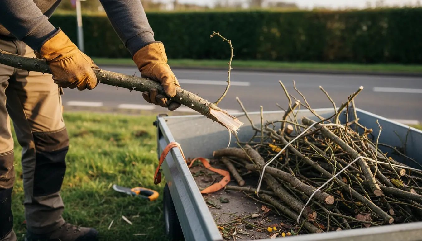 En person læsser tornefyldte grene på en lille trailer ved en hævet vejkant iført læderarbejdshandsker.