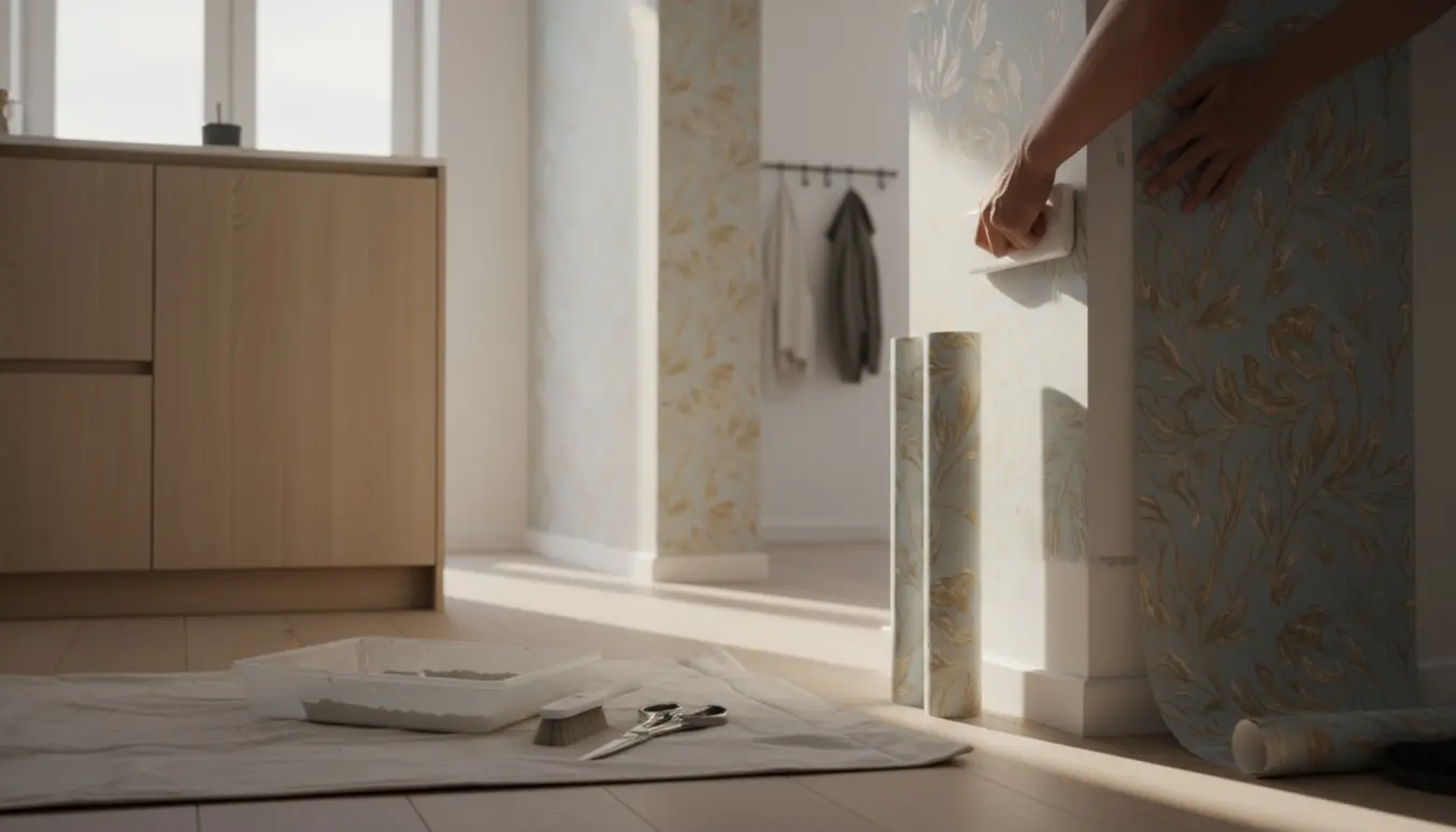 Hænder udglatter mønstret tapet i et lyst køkken med værktøj og ruller på gulvet.