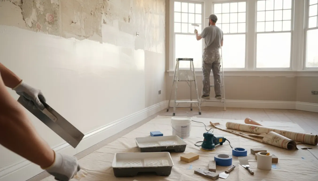 Lyst rum under renovering med tapet fjernet, nyspartlede vægge og en maler, der maler hvide trælister.