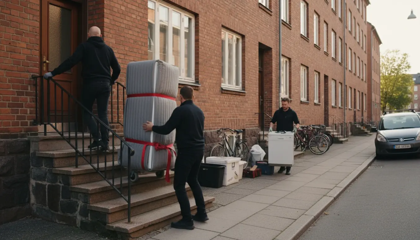 Flyttefolk bærer et 185 cm højt køleskab ned ad en smal trappe ved røde murstensbygninger, mens en gammel opvaskemaskine ventes ved fortovet.