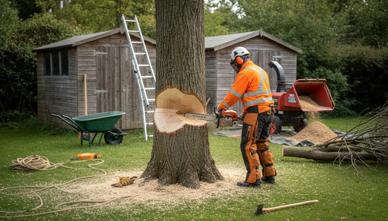 Fældning af et ahorntræ tæt på to små udhuse med motorsav, bunker af grene og flis.