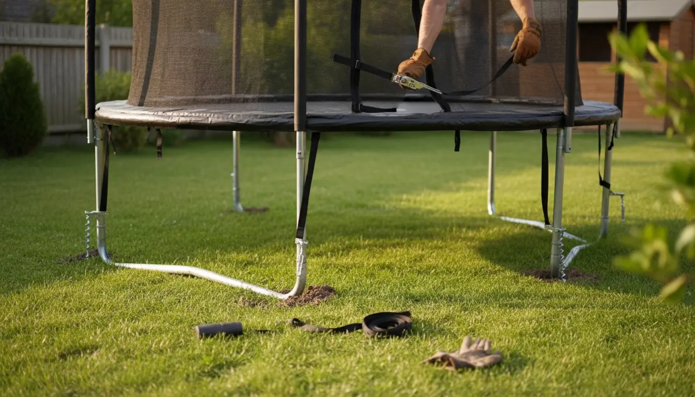 Havetrampolin på 270 cm sikret med tre jordankre og straps, hænder strammer en strop.