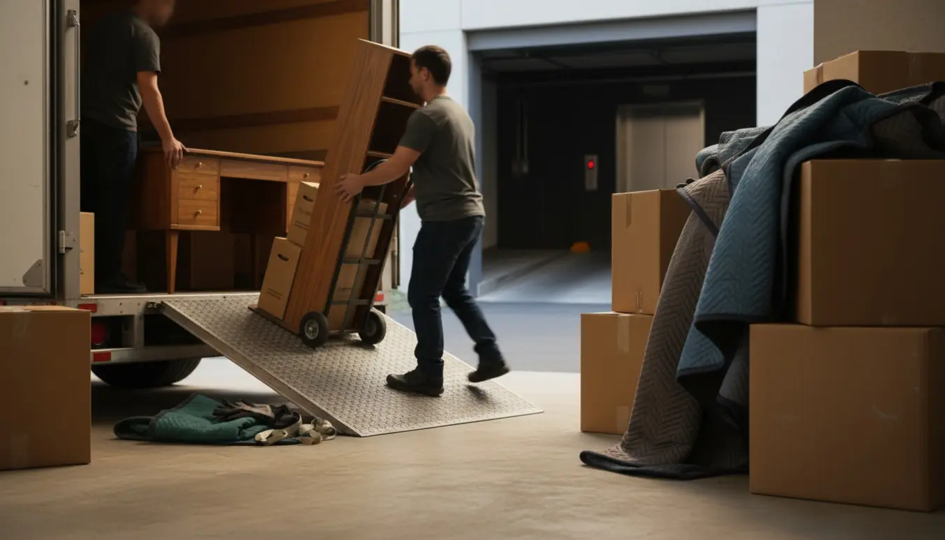 Flytning: møbler og flyttekasser læsses ind i en trailer med dolly og flytteudstyr, ansigter skjult.