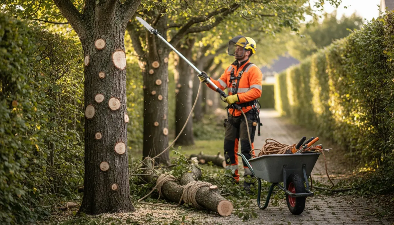 Foryngelsesbeskæring af rødel i hæk ved en sti med beskårne grene samlet ved træets fod.