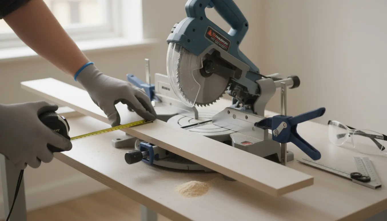 Nærbillede af hænder, der måler og saver to MDF-fodpaneler i 45° udvendig smig med geringssav og målebånd.