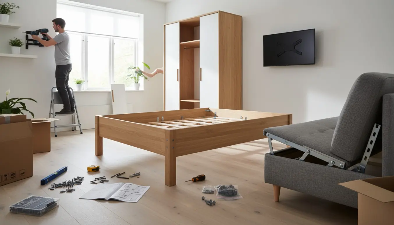 Hænder og værktøj monterer sengeramme, garderobe, TV, lamper og rullegardin i et lyst, skandinavisk rum.