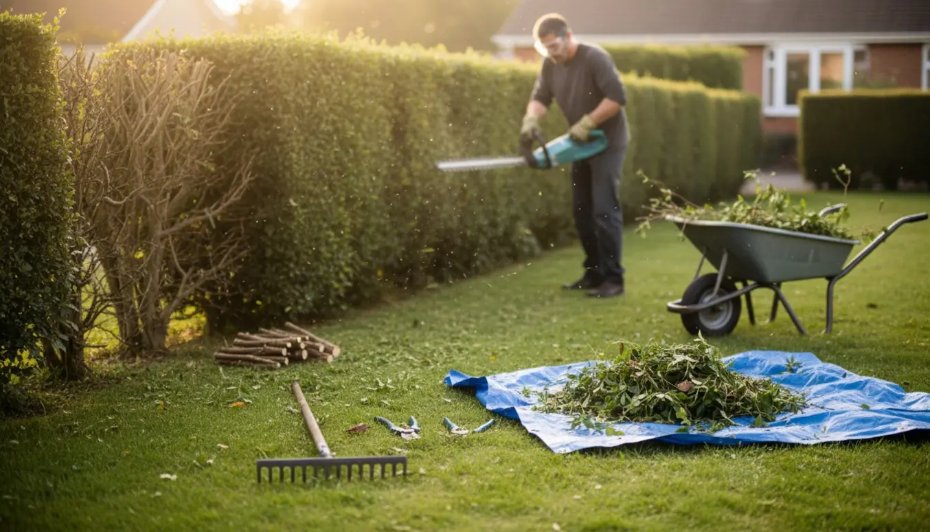 Hæk klippes i forhaven med hækkeklipper, rive og trillebør, og grenaffald samlet til bortkørsel.