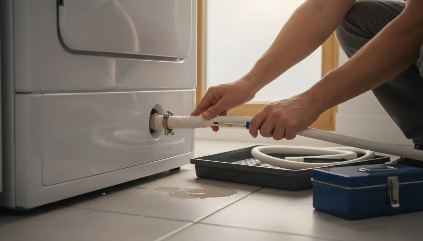 Hænder sætter en løs afløbsslange på plads bag en tørretumbler i et lyst bryggers.